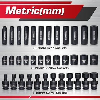 67-Piece 3/8” Impact Socket Set, SAE & Metric, CR-V & CR-Mo, Shallow/Deep/Swivel Sockets, Ratchet, Extension Bars & Adapters, Heavy-Duty Socket Set for Mechanics
