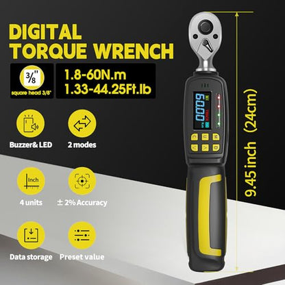 3/8" Drive Digital Torque Wrench, 1.4-44 Ft.lbs (1.8-60 Nm) | ±2% Accuracy Electronic Torque Wrench with Dual Direction Ratchet, Buzzer and LED Indicator, for Motorcycle & Spark Plugs - size: 3/8" 60Nm