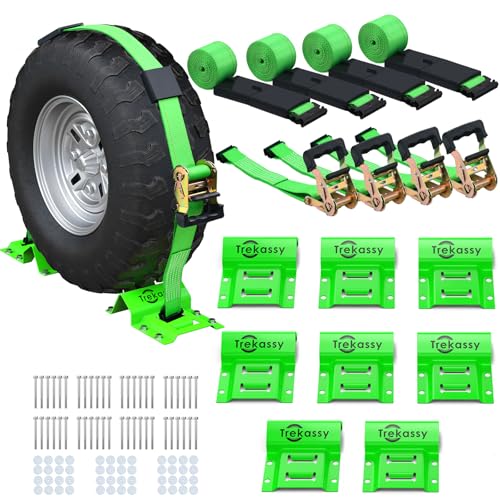Trekassy Wheel Chock Tie-Down Kit with Rubber Blocks, (4,500lb Break Strength) Heavy Duty E Track Trailer Tire Straps for ATV, UTV, Lawn Mower- 4 Pack - size: 4 Pack