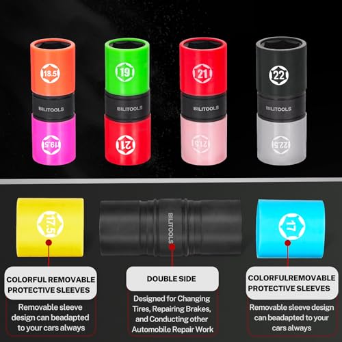 BILITOOLS 5pcs Half Size Flip Socket Set, 1/2" Drive Lug Nut Socket Set | CR-MO Steel, 5 Dual-End Flip Sockets 17/17.5-22/22.5mm, for Swollen Lug Nuts, Non-Marring Sleeves, Ext Bar & Knockout Rod - style: Half Size Metric (0.5mm Increment)