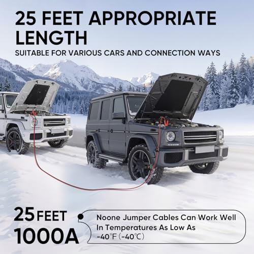 Noone Heavy Duty Jumper Cables, 0 Gauge 25Feet 1000Amp Automotive Booster Cables with Reverse Polarity Protection for Car, SUV and Truck, Jumper Cables Kit with Carry Bag, Gloves, Brushes and Goggles - size: 0Gauge x 25FT