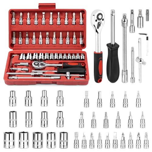 Socket Set, 46 PCS 1/4 Inch Drive Socket Wrench Set, Ratchet Wreches Set with Bit Socket Set Metric & Extension Bar for Auto Repairing and Household, with Storage case