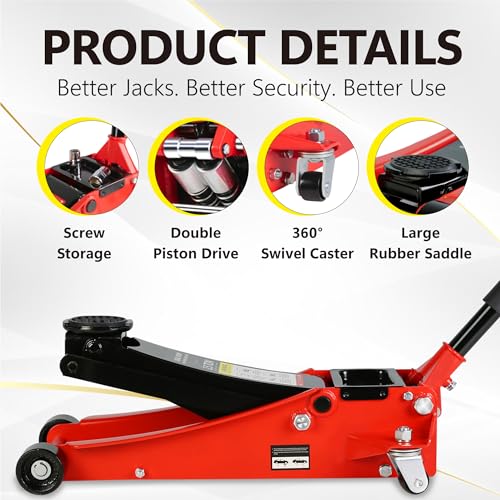 2.5T Low Profile Steel Floor Jack, 5500 lb, Dual Pump, 3.5"-19.5" Lift, Red | Heavy-duty steel construction. Dual piston quick lift pump. Low profile design. Safety overload protection - size: 2.5T Dual Pump 3.5"-19.5"(Red)