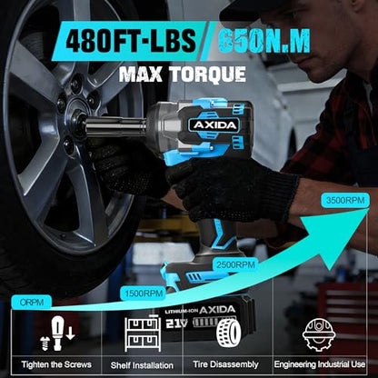 Cordless Impact Wrench, 1/2 Inch Brushless Impact Gun, 21V Impact Driver with 2x 4.0Ah Batteries, Charger & 5 Sockets, Variable Speeds for Car/Mower 650N.m (480 ft-lbs)