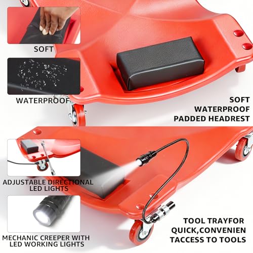 BESTOOL 40 Inches Mechanic's Creeper, Heavy-Duty Garage Creeper with HQ&Durable Casters, 350LBS Capacity Low-Profile Design, LED Working Lights,Red - color: Red-LED lights, size: 40in