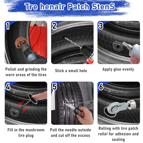 26Pcs Tire Repair Patch Tool Kit,Including 24pcs Tire Patch Plugs(35/40/50 mm), Tungsten Buffing Wheel, Tire Patch Roller with 4mm Twist Drill Bits,Tire Patch Kit for Vehicles