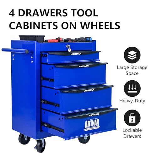 RYH 4 Drawers Rolling Tool Chest - 13" D x 20.9" W x 30.5" H Heavy Duty Mobile Tool Cart with Locking Wheels & Ball Bearing Drawers, Garage Tool Storage Cabinet (Blue, 4 Drawers) - color: Blue-black, size: 4 Drawers（30"H × 20"W × 13"D)