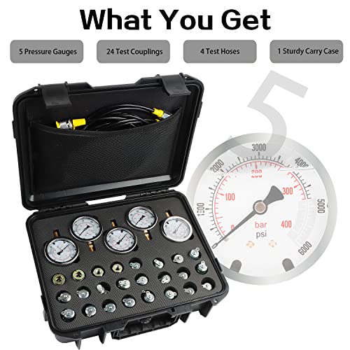 Hydraulic Pressure Test Kit with 5 Gauges, 10/100/250/400/600bar, 24 Couplings 4 Test Hoses Pressure Gauge Set for Excavator Construction Machinery