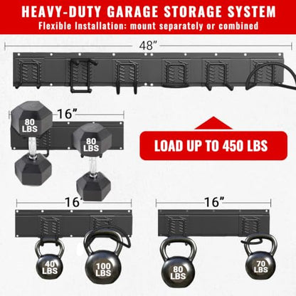 Garage Tool Organizer Wall Mount, Easy to 48inch Install Heavy-Duty Garage Storage System with 6 Adjustable Universal Hooks, Garden Tool Rack for Shovels, Rakes, Yard Tools - size: 48" System - 6 Piece Versatile Set