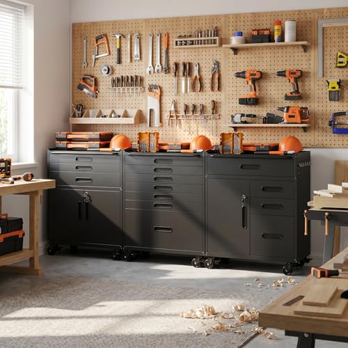 Garage Tool Cabinet Set,Heavy Duty Steel Rolling Tool Chest with Lockable Doors & Adjustable Shelves
