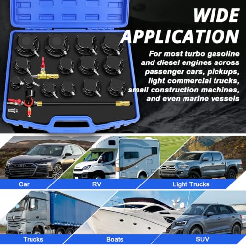 Turbo Boost System Leak Tester Kit 17PCS Turbocharger Leakage Detector Set | Turbine Pressure Testing Tool (6 Bar), 7 Pairs Stepped Adapters (1-1/4" to 4" Inlet & Outlet Plugs), Smoke Machine Connector