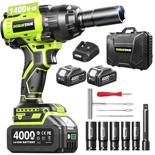 Robustrue 1400N.m (1032ft-lbs) Cordless Impact Wrench, 1/2" Brushless High Torque Impact Gun, 11Pcs Tire Repair Kit, 2x4000 mAh Batteries, Fast Charger, Impact Driver for Car Home/Truck RV/Mower - size: 1400N.m