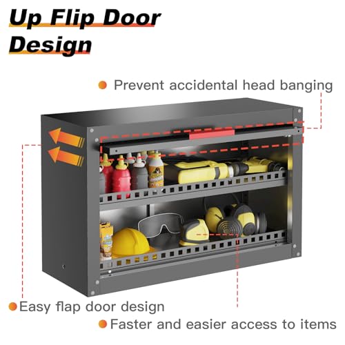 Kelueo Metal Garage Wall Cabinet,Storage Cabinet with Up Flip Door Design Wall Garage Cabinet with Adjustable Shelf and Magnetic System,Tool Cabinet with Anti-Fall Rails for Basement - size: 30"W- Up Flip Door