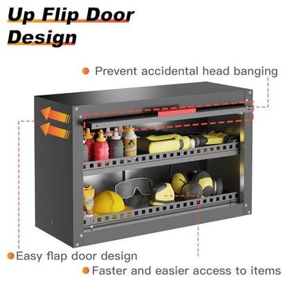 Kelueo Metal Garage Wall Cabinet,Storage Cabinet with Up Flip Door Design Wall Garage Cabinet with Adjustable Shelf and Magnetic System,Tool Cabinet with Anti-Fall Rails for Basement - size: 30"W- Up Flip Door