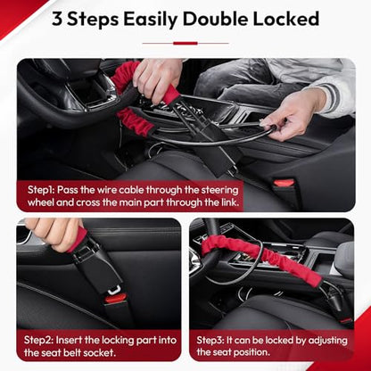 Car Steering Wheel Lock, 2PC Car Anti Theft Device, Seat Belt Lock | Thickened Steel Wire, Max 17” Locking Length, Easy Storage, 3 Keys per set, Fits Most Vehicles, Trucks, SUVs, Vans - color: yellow and red