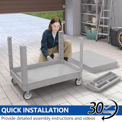 Large Garage Flat Top Utility Cart, Heavy Duty 2 Shelf Tool Cart Service Cart Rolling Push Carts with Ergonomic Handle 5" Swivel Casters. - color: Gray, size: 46 x 25 Inch