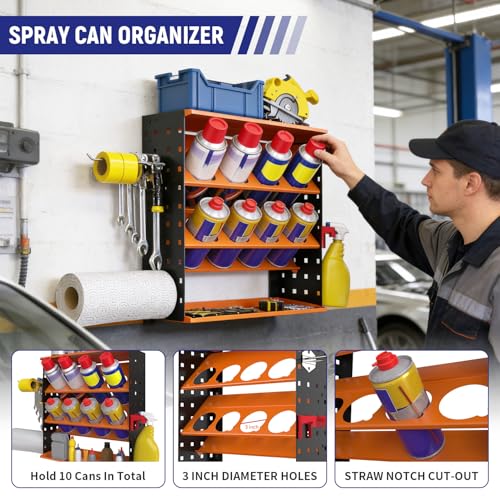 Wall Mount Spray Can Holder, Aerosol Spray Bottle Holder Storage Rack, Heavy-Duty Paint Bottle Organizer with 8 Can Holes & 4 Steel Hooks, 4 Plastic Hooks for Garage, Shop, Home or Tool Trailer - style: A-Spray Can Rack