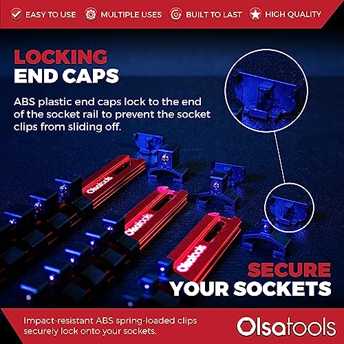 Olsa Tools 3-Pc Set Aluminum Socket Organizer | Locking End Caps | 1/4-Inch, 3/8-Inch, 1/2-Inch Drive Socket Holders with 24, 18, 16 Clips Each (Red) - color: Red, size: 3pc, 1/4, 3/8, & 1/2-Inch Drive