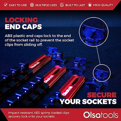 Olsa Tools 3-Pc Set Aluminum Socket Organizer | Locking End Caps | 1/4-Inch, 3/8-Inch, 1/2-Inch Drive Socket Holders with 24, 18, 16 Clips Each (Red) - color: Red, size: 3pc, 1/4, 3/8, & 1/2-Inch Drive