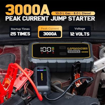 GS300 Car Jump Starter,3000A Portable Battery Jumper Starter for Up to 10.0L Gas & 8.0L Diesel Engines,59.2WH 12V Jump Box with Storage Case,USB Quick Charge,LCD Display,for Cars,Motorcycles,Trucks