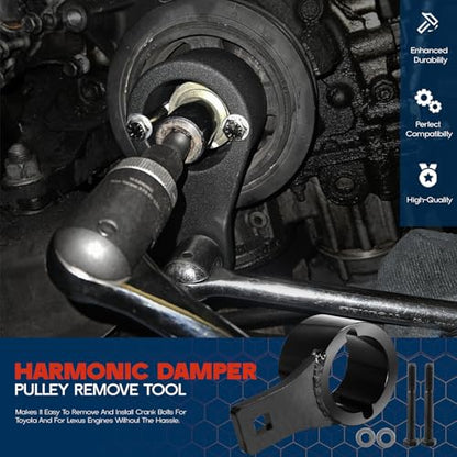 Crankshaft Damper Pulley Holding Holder Harmonic Tool Harmonic Damper Pulley Remove Tool for Toyota Lexus 3.0 L6, 3.0 V6, 3.3 V6, 4.0 V8, 4.3 V8, 4.7 V8 with 2PCS Crank Bolts