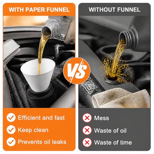 25 PCS Disposable Paper Funnels, Universal Oil Fuel Fluid Funnel for Car SUV Sedan Truck, No Spill Cone Funnel for Automotive Oil & Gas Changing
