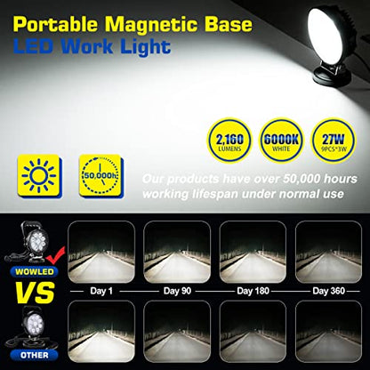 Magnet Light Bar, Magnetic Base, Cigarette Lighter Powered, Portable LED Flood Light Work Lamp for Car Off-road SUV Trailer Tractor Truck Engineering Maintenance Garage Camping (27W Round)