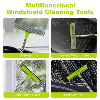 Window Squeegee with 15.7"-27.5" Retractable Stainless Steel Handle, 2-in-1 Windshield Cleaner Tool for Cars, Trucks, Glass Doors, Shower Glass, Outdoor Windows – Window Cleaner (Green)