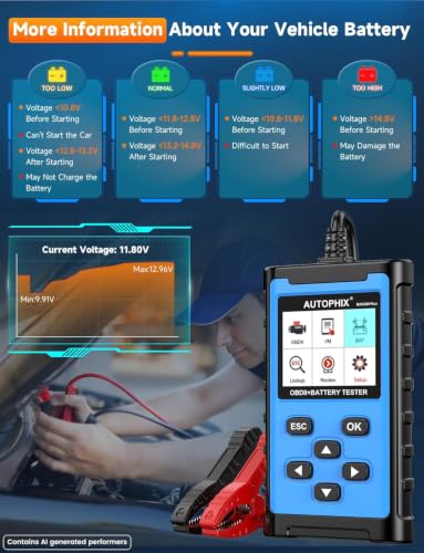 AUTOPHIX 2 IN 1 OBD2 Scanner with Battery Tester, BAS300 Plus 12V 100-2000 CCA Battery Charging Cranking Test Car Code Reader, Full OBD2 Diagnosis Check Engine Diagnostic Scan Tool Battery Load Tester - color: Lake Blue