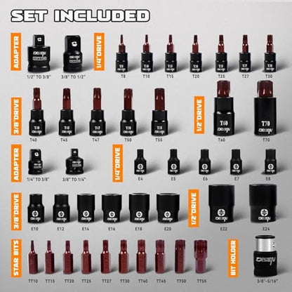 DISEN 42-Piece Master Torx Bit Socket, CR-V&S2 Alloy Steel, Socket Set and Bits T8-T70,E-Torx E4-E24, TT10-TT55, Impact Socket Adapter,High Torque for Automotive Mechanic