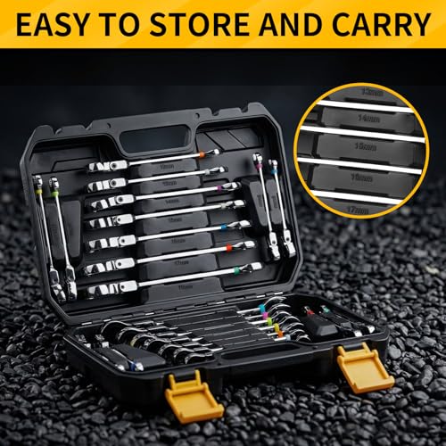 GRENPRO 23PCS Flex-Head Ratcheting Wrench Set, Combination Ratchet Wrenches Set Metric and Standard & SAE with Organizer Box, 6-18mm & 1/4" to 3/4" with Color Ring, CRV Socket Mechanic Tools Sets - style: 23PCS Flex-Head Ratcheting Wrench Set