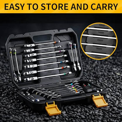 GRENPRO 23PCS Flex-Head Ratcheting Wrench Set, Combination Ratchet Wrenches Set Metric and Standard & SAE with Organizer Box, 6-18mm & 1/4" to 3/4" with Color Ring, CRV Socket Mechanic Tools Sets - style: 23PCS Flex-Head Ratcheting Wrench Set