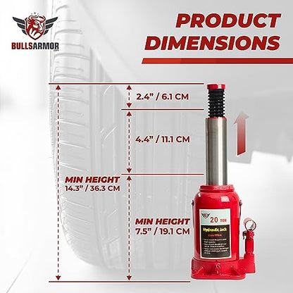 BullsArmor Hydraulic Bottle Jack - 20 Ton (40,000 lb) Capacity - Welded Heavy-Duty Design with Extended Pump Handle - Ideal for Cars, Trucks, RVs, and Industrial Use - Red - size: 20 Ton