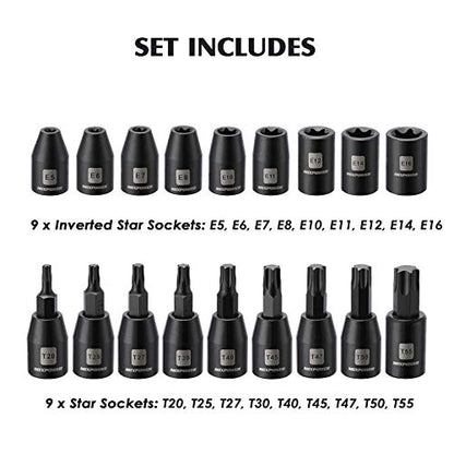 MIXPOWER 3/8'' Drive Master Impact Socket Set, 87-Piece Deep & Standard SAE and Metric,CR-MO, 1/4-Inch to 3/4-Inch and 6-19 mm, Impact Universal Sockets, Inverted Star Sockets, Extension Bar & Adapter - size: 3/8" Drive