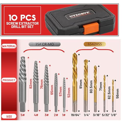 10PCS Stripped Screw Extractor Set Left Handed Drill Bit | 35# Cr-Mo & 6542 HSS Steel Cobalt Broken Screw Extractor Kit Easy Out Removing Stripped Screws Broken Bolts - size: Upgarded Kit-10PCS