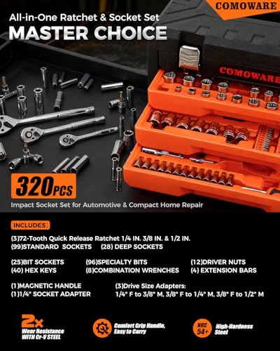 COMOWARE 320-Piece Master Mechanic Tool Set with Case, Father day Gift, 1/4" 3/8" 1/2" Drive SAE & Metric Socket Wrench Set, Includes 72T Ratchet Set, CR-V Steel, Hex Keys & Specialty Bits