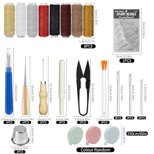 Upholstery Repair Sewing Kit - 17pcs Heavy Duty Leather Sewing Tools with 8 Colored Waxed Threads, Curved Needles, Stitching Awl, Seam Ripper for Car Seat, Sofa, Boots, Backpack, Canvas Repair