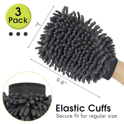 3 Pack Chenille Microfiber Car Wash Mitt, 7" x 9.6", Grey | Car Washing Mitts, Home Dusting Gloves, Scratch Free Lint-Free, Highly Absorbent, Double Sided, for Cleaning Detailing Polish - color: Grey