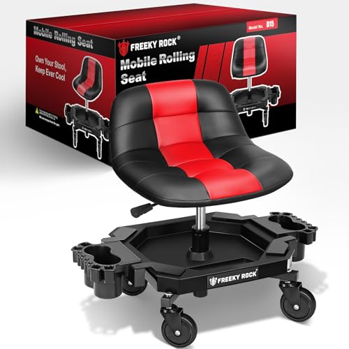 Rolling Stool with Wheels, Adjustable Height Pneumatic Garage Work Mechanic Stool Seat with Backrest, 400 LBS Capacity 360° Swivel Mechanic Crepper Chair with Tool Tray Storage, Red - color: Red
