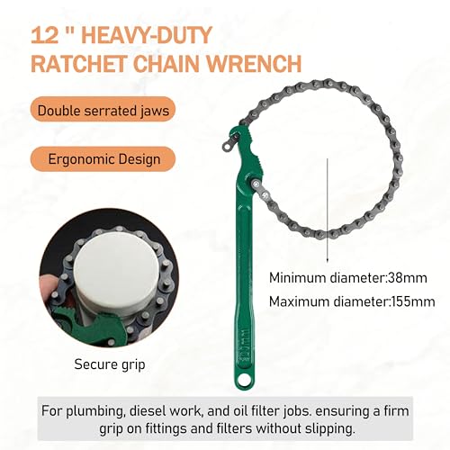 Chain Wrench Strap wrench,12 Inch Heavy Duty Oil Filter Chain Wrench | For Heat-Treated Carbon Steel with Hanging Hook - Diesel/Plumbing Use Oil Filter Tool Pipe Fittings Tools