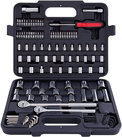 MECHMAX 120-Piece Socket Wrench Set, 1/2 & 3/8-In Ratchet Kit | Includes SAE and metric deep sockets, spark plug socket, bits and hex keys. Professional auto repair mechanics tool kit - style: 120 Piece