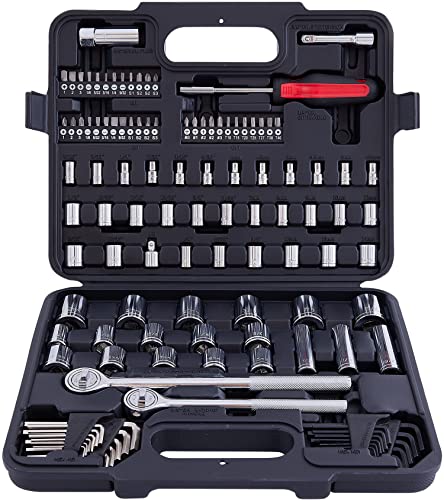 MECHMAX 120-Piece Socket Wrench Set, 1/2 & 3/8-In Ratchet Kit | Includes SAE and metric deep sockets, spark plug socket, bits and hex keys. Professional auto repair mechanics tool kit - style: 120 Piece