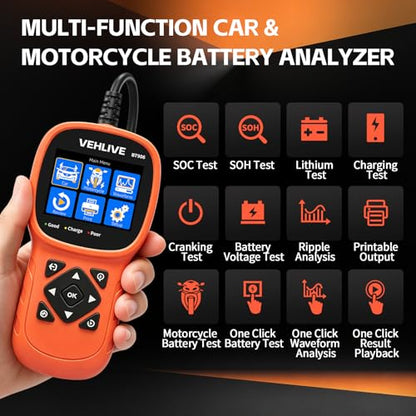 BT906 Car Battery Tester 6V 12V 24V with Lithium Battery Testing, 5-3000CCA Automotive Circuit Testing, Load/Alternator Tester, Charging Cranking System Tester for All Car Motorcycle Boat