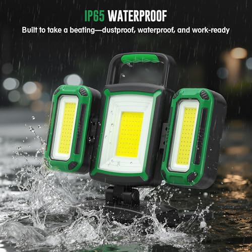50W 5000LM Rechargeable Work Light, 3-in-1 Magnetic Work Light with Detachable 2 Floodlights, 9 Modes, Foldable&360° Rotatable IP65 Portable LED Worklight with Hooks for Jobsite Garage Car Repairing