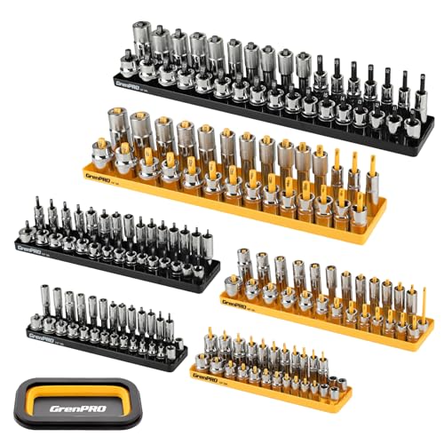 GRENPRO 7PCS Socket Organizer Tray Set with Mini Folding Tray, Yellow & Black Magnetic Socket Holder for 1/4", 3/8", 1/2" Drive Metric and SAE Sockets - style: 7-Piece Socket Holder