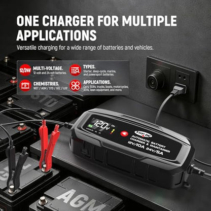 10A 12V/24V Smart Battery Charger,Maintainer, Desulfator & Power Supply with Overcharge Protection & Thermal Compensation for Car, Motorcycle, Lawn,RV, ATV Lead-Acid & Lithium Batteries - size: 10A