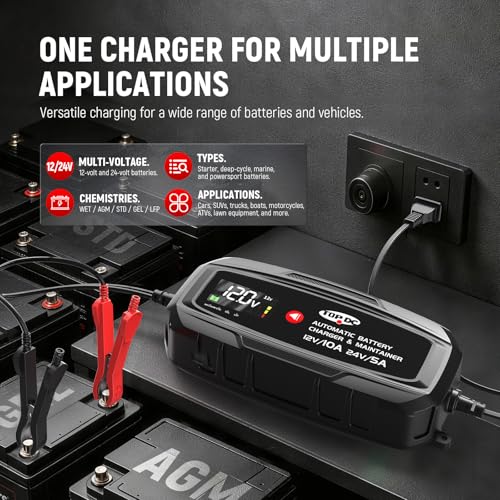 TOPDC 10A 12V/24V Smart Car Battery Charger, Maintainer and Power Supply | Smart 10A charging for 12V and 24V lead-acid and lithium batteries in cars, motorcycles, RVs and ATVs. - size: 10A