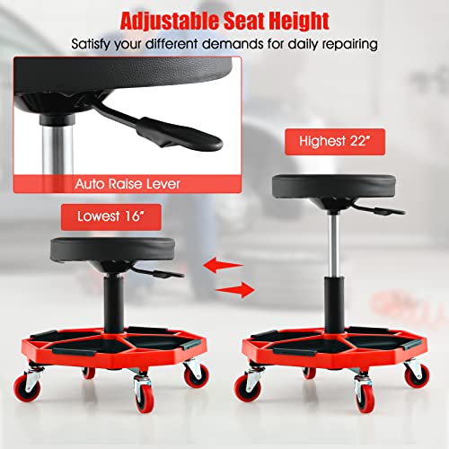 S AFSTAR Garage Shop Roller Seats, Adjustable Pneumatic Rolling Creeper Stool W/Tool Storage Tray & 4 Universal Wheels, Padded Mechanic Stool Repair Shop Stool Garage Rolling Stool (Red - color: Red