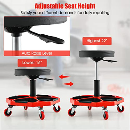 S AFSTAR Garage Shop Roller Seats, Adjustable Pneumatic Rolling Creeper Stool W/Tool Storage Tray & 4 Universal Wheels, Padded Mechanic Stool Repair Shop Stool Garage Rolling Stool (Red - color: Red