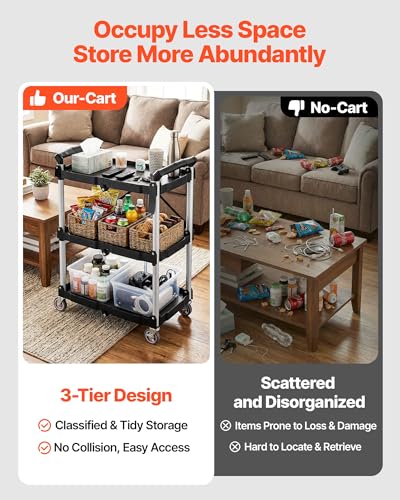 VEVOR Foldable Utility Service Cart, 165LBS 3 Shelf Heavy Duty Plastic Rolling Cart with 360° Swivel Wheels (2 with Brakes), Ergonomic Handle, Portable Garage Tool Cart for Warehouse Office Home - size: 25.62 x15.43 x32.76 inch